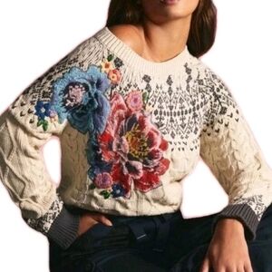 Anthropologie Cable Knit Fair Isle Embroidered Ivory Multicolor Pullover Sweater